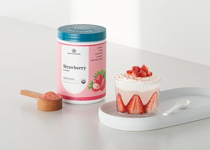 Nature Restore USDA Certified Organic Freeze Dried Strawberry Powder, 10 Ounces, Non GMO, Gluten Free, Vegan