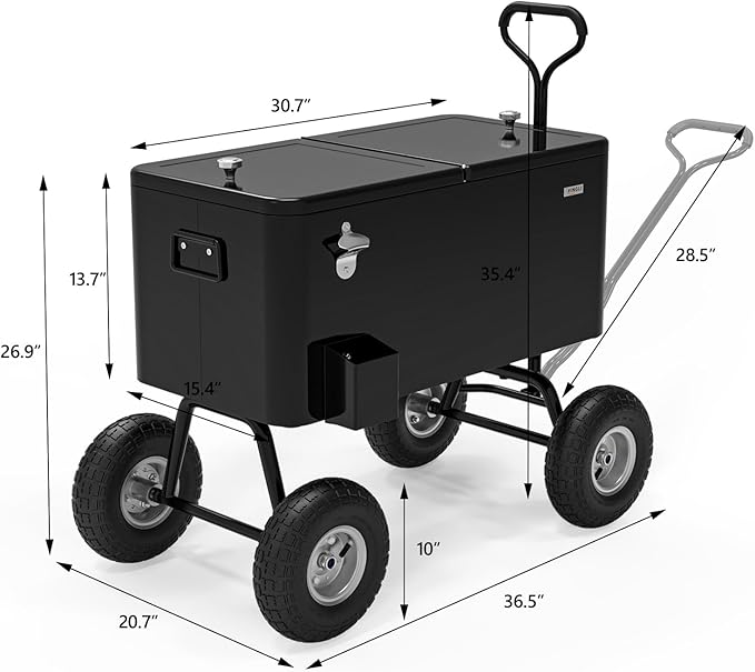 VINGLI 80 Quart Wagon Rolling Cooler Ice Chest, w/Long Handle and 10" Wheels, Portable Beach Patio Party Bar Cold Drink Beverage, Outdoor Park Cart on Wheels