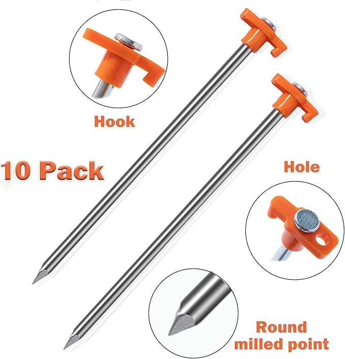 Cheardia 10 Pack Tent Stakes Heavy Duty, 10.25 Inch Yard Stakes Non-Rust Metal Tent Pegs Ground Stakes Tent Spikes for Camping Patio, Garden, Canopies, Grassland, Outdoor,Orange