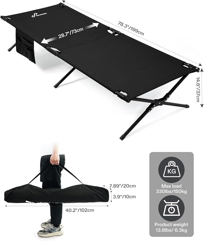 Sportneer Camping Cot: 78.3"x28.7"x14.6" Comfort Cot Bed for Camping Traveling Guest Bed, Sleeping Cots for Adults with Side Pockets & Storage Bag - Ease of Assembly, Support 330 Lbs