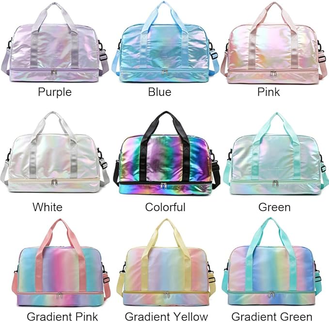 Holographic Shimmering Gym Duffle Bag with Shoes Compartment & Wet Pocket, Women Weekend Overnight Travel Bag Gymnastic Dance Bag for Girl (purple)