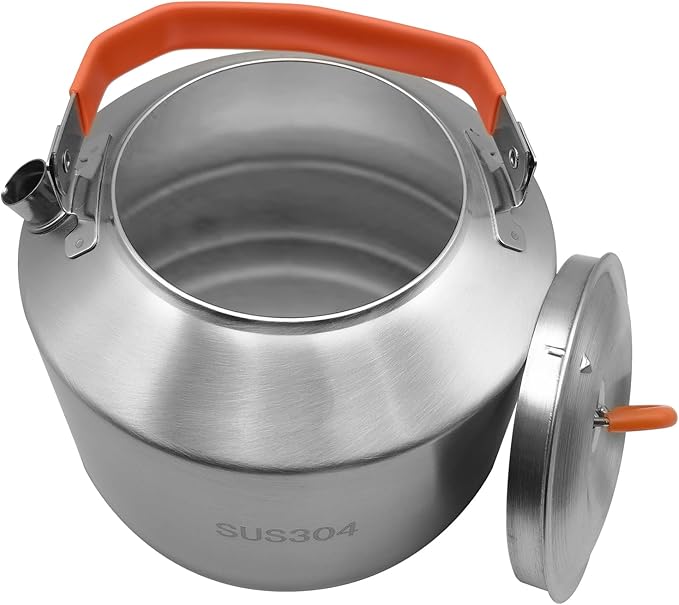 Camping Kettle Set, 1.5 L Stainless Steel Kettle with 4 Stackable 300 ML Cups, Anti-Scald Handle, Removable Silicone Covers, and Mesh Bag - ideal for Boiling Water and Making Coffee Outdoors