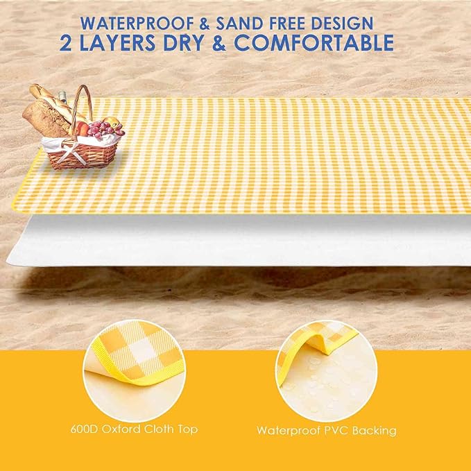 Picnic Beach Blanket Extra Large, XL Sandproof Waterproof Outdoor Camping Blankets 80x60in, Sand Free Oversized Mat, Quick Drying Portable Mats for Travel, Hiking, Music Festival, Lawn-Yellow