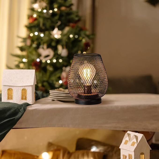 DECORKEY Set of 4 Battery Operated Lamp LED Table Lantern, Brown Metal Cage Cordless Lamps with LED Bulb,Vintage Decorative Outdoor Lantern for Weddings, Parties, Patio, Events for Indoors Shelf Decor