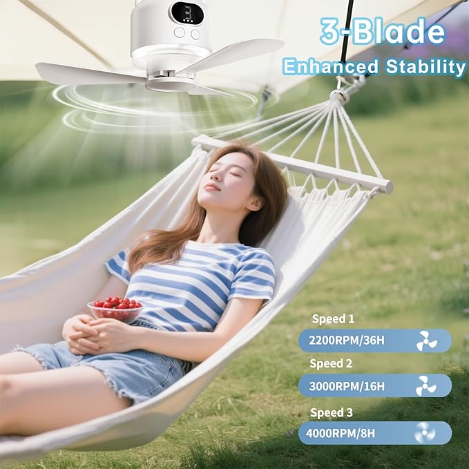 Wireless Portable Ceiling Fan with Remote, 3-Blade Design, 10040mAh Battery Operated, USB Rechargeable Hanging Fan with Hook for Tent, Camping, Outdoor, Emergency Use(White)