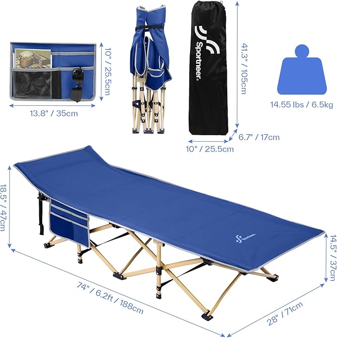 Sportneer Camping Cot: 1200D Double Layer Oxford Foldable Camping Cots for Adults - Heavy Duty Cots for Camping Travel Tent Day Outdoor & Home Guest, Camping Cots with Carry Bag & 2 Side Pockets