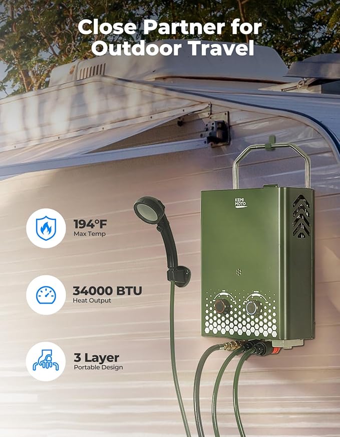 KEMIMOTO Camping Portable Tankless Water Heater with 1.2GPM Pump,5L Capacity,1.32Gpm 34000 BTU Instant Propane Water Hot Heater,Easy Installation,Suitable For Rv/Camping/Cabin