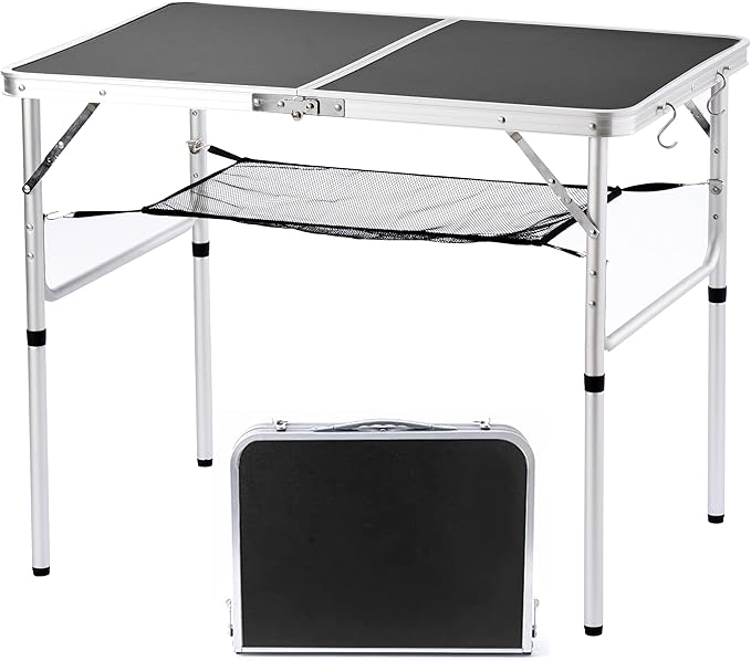 Folding Camping Table, 36''L x24''W Camp Aluminum Table with Adjustable Height Legs, Indoor Outdoor Lightweight Portable Folding Dining Table for Camp Picnic Beach 3Ft black 2 Heights 15"/28")