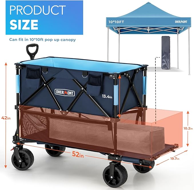 Overmont 400L Foldable Double Decker Wagon - Large Capacity Collapsible Wagon Cart- 52" Extra Long Extender - All-Terrain Big Wheels for Beach Sports Grocery, Support Up to 450lbs
