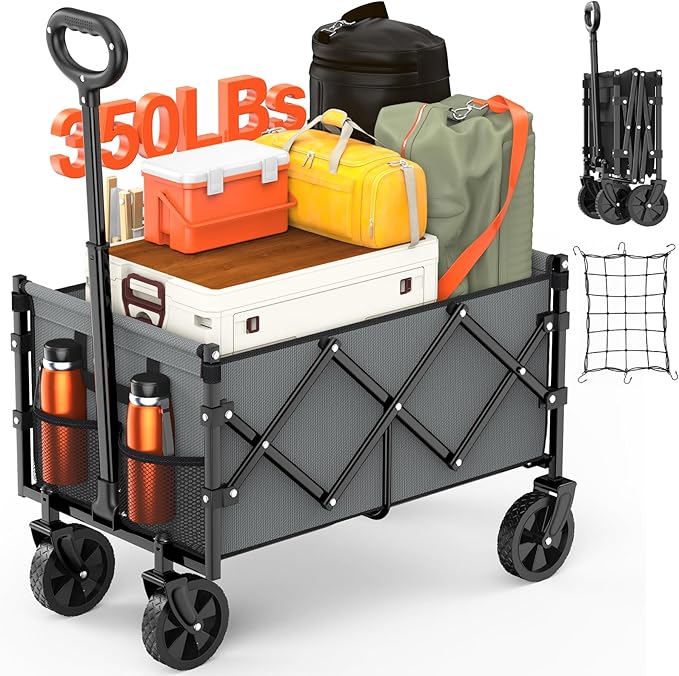 Foldable Wagon with Wheels, Portable Heavy Duty Collapsible Beach Cart - Large Capacity Utility Wagon for Shopping, Sports, Camping,Garden,Grocery - Grey