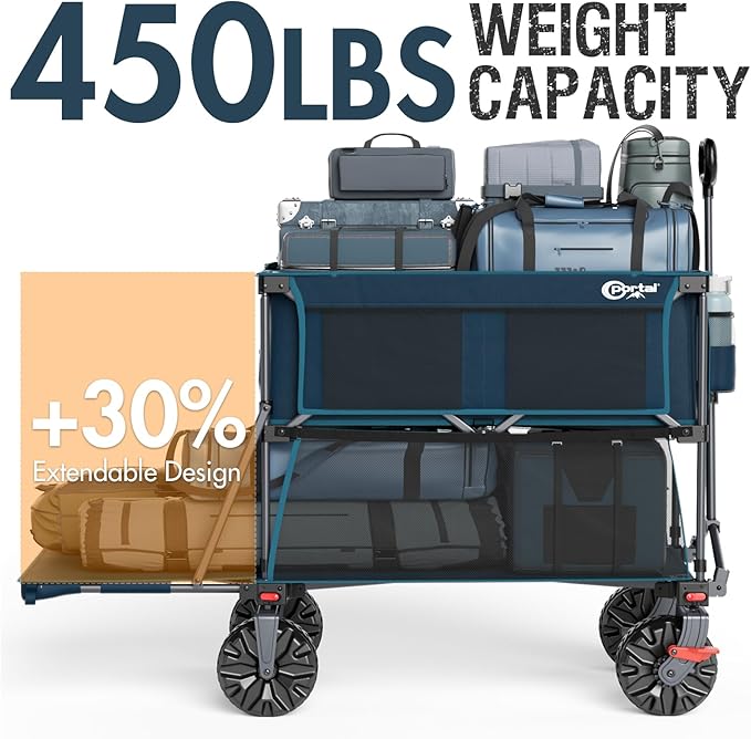 PORTAL 400L Large Capacity Collapsible Double Decker Wagon with Brakes, 450LB Heavy Duty Folding Cart with Tailgate, Foldable Utility Wagons for Camping, Beach, Garden, Sports, Shopping