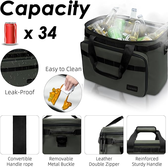 Deep Freeze Cooler Soft Sided Cooler Bag, 34 Can Collapsible Insulated Ice Chest, Large Leakproof Camping & Travel Cooler for Kayaking & Beach