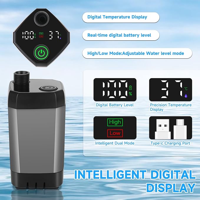 Portable Shower for Camping, Rechargeable Camping Shower Pump with LED Display of Battery Level and Temperature, Lasting-150 Mins, Suitable for Outdoor Shower, Pet Bath, Car Washing