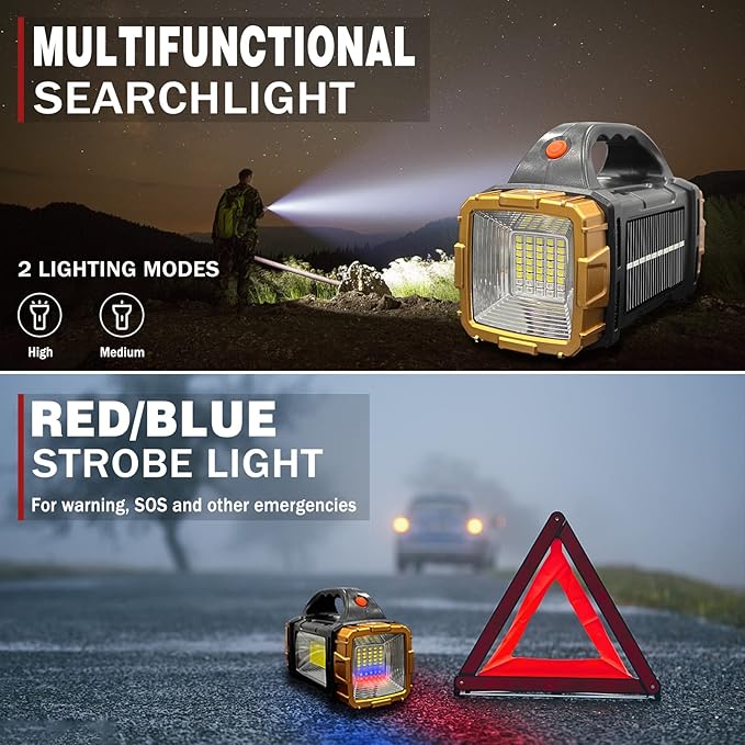 1-Pack Solar Flashlight High Lumens Rechargeable Outdoor Waterproof Spotlight LED Work Light Searchlight Lantern for Camping Emergencies