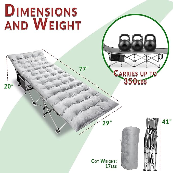 Zento Camping Cot and Mattress Folding Outdoor Travel Bed 4 Pack- Heavy Duty Max Load 450 LBS Premium Quality Cot Bed with Pad for Comfort Sleeping for Travel Home and Anytime Use