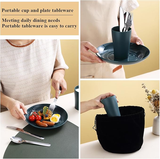 Evanda Camping Cutlery Set, Reusable Light Weight Mug, Plate and Stainless Steel Cutlery Set with Black Bag, Dishwasher Safe