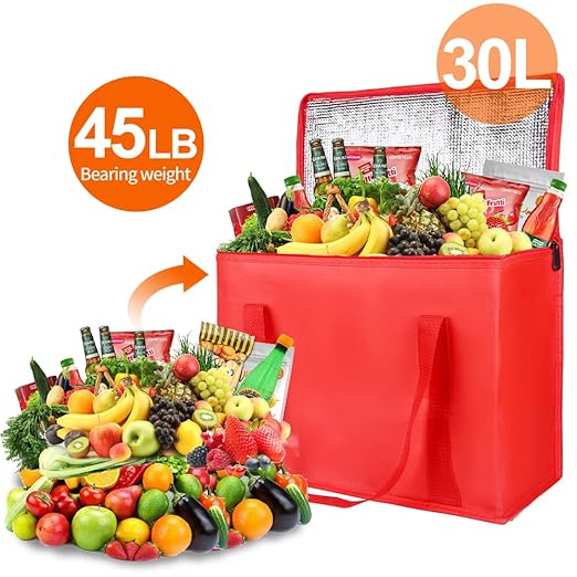 Bodaon 2-Pack Insulated Reusable Grocery Bag with Zippered Top, X-Large Insulated Food/Pizza Delivery Bag, Frozen Foods Cold, Cooler Shopping Bags, Red