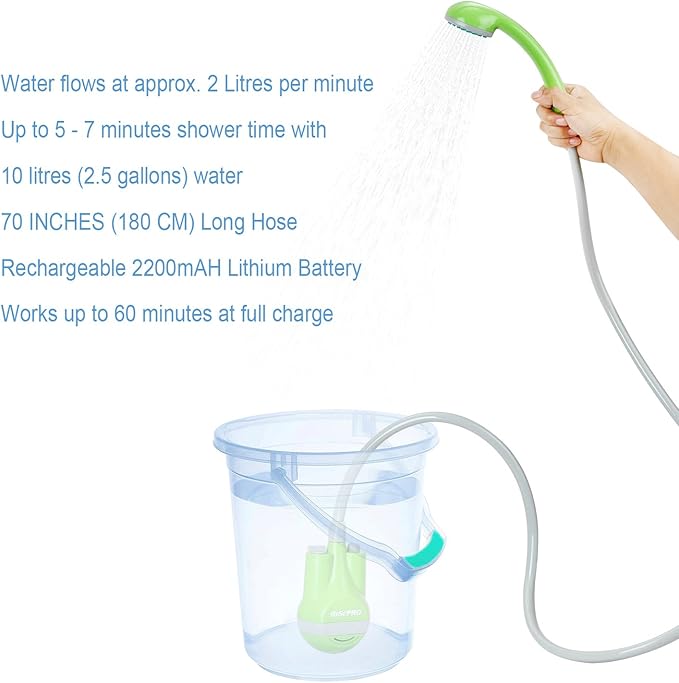 Portable Camping Shower, Outdoor Head, Pump With Rechargeable Battery, USB Charging Line, Pumps Water From Bucket for Hiking, Pet Cleaning, Car Washing