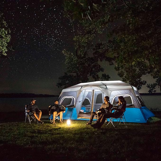 CORE Instant Cabin Tents with LED Lights | 6 Person / 9 Person / 12 Person Family Multi Room Lighted Pop Up Tents for Camping | Included Storage Pockets for Camping Accessories