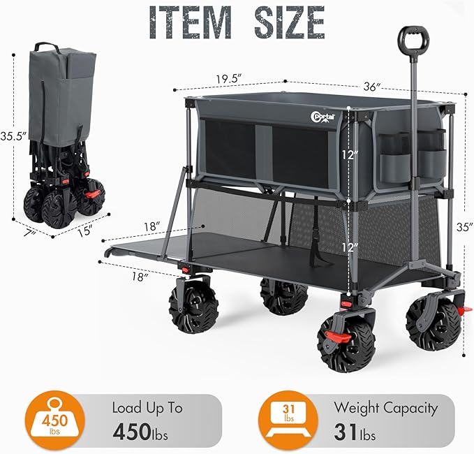 PORTAL 400L Large Capacity Collapsible Double Decker Wagon with Brakes, 450LB Heavy Duty Folding Cart with Tailgate, Foldable Utility Wagons for Camping, Beach, Garden, Sports, Shopping