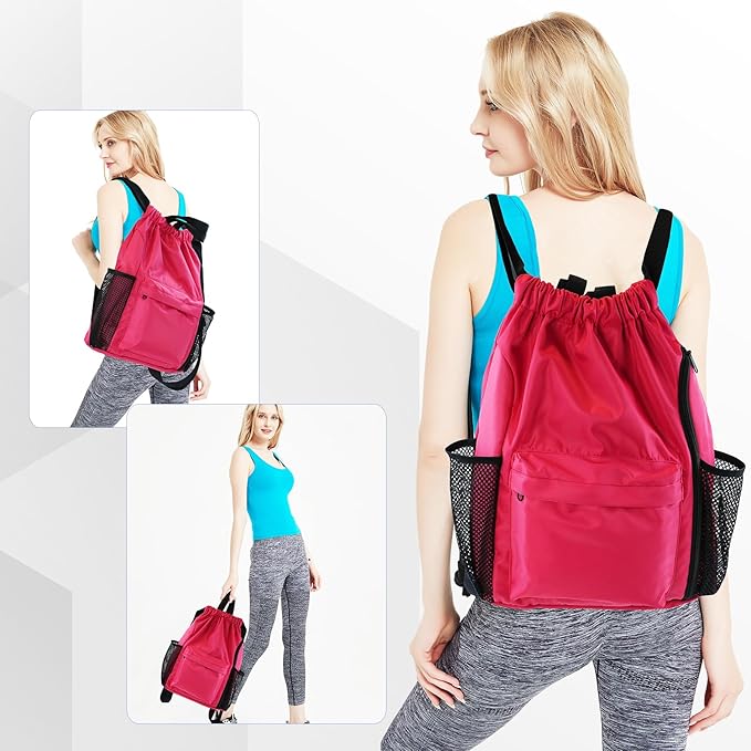 BeeGreen Drawstring Backpack Sports Gym Bag With Shoe Compartment and Two Water Bottle Holder …