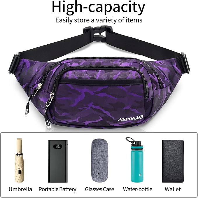Large Fanny Packs for Women, 5-Zipper Pockets Water Resistant Practical Waist Bag, for Outdoor Running Cycling Sports Travel Hiking Camping Fishing Fashionable Camo Belt Bags