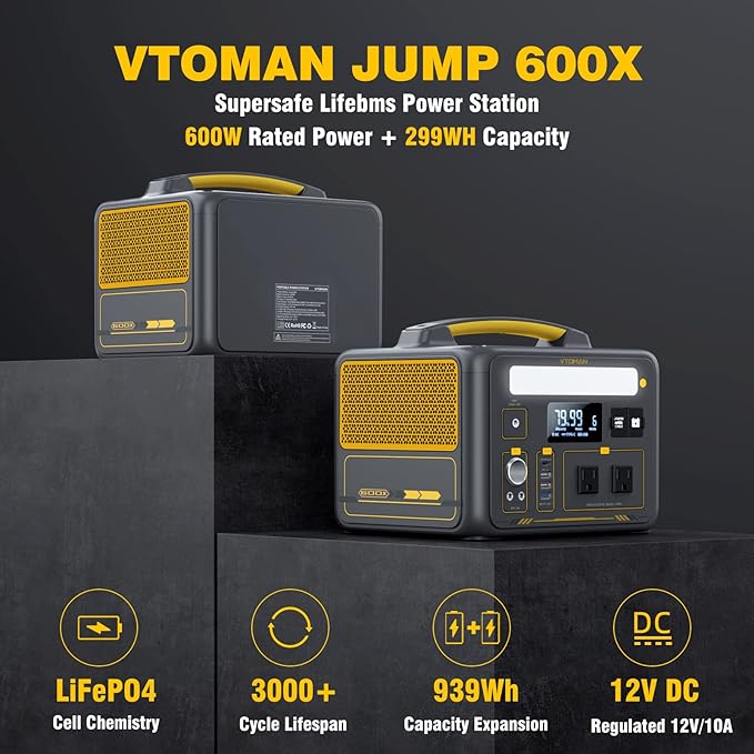 VTOMAN Jump 600X Portable Power Station 600W, 299Wh Solar Generator LiFePO4 Battery Power Station with 600W Pure Sine Wave (Surge 1200W) AC Outlet, PD 60W USB-C, 3x Regulated 12V/10A DC for Camping