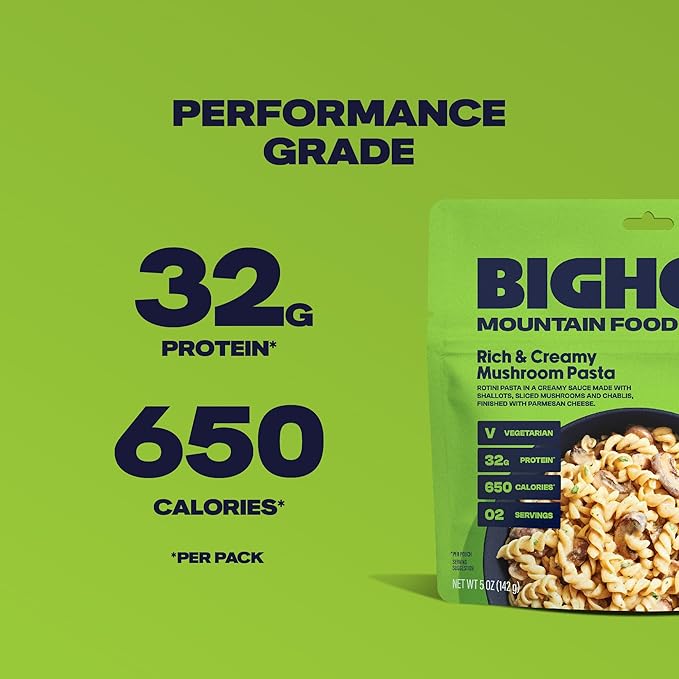 BIGHORN Mountain Food Vegetarian Creamy Mushroom Pasta - contains 6 packs | 12 servings | 192g Protein | 3,900 Calories - premium freeze dried meals for backpacking food - vegetarian backpacking meals - ideal camping meals just add water - great taste