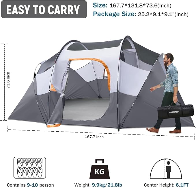 HIKERGARDEN 10 Person Camping Tent - Portable Easy Set Up Family Tent for Camp, Windproof Fabric Dome Tent Outdoor for Hiking, Backpacking, Traveling-14'x11'x74in(H)