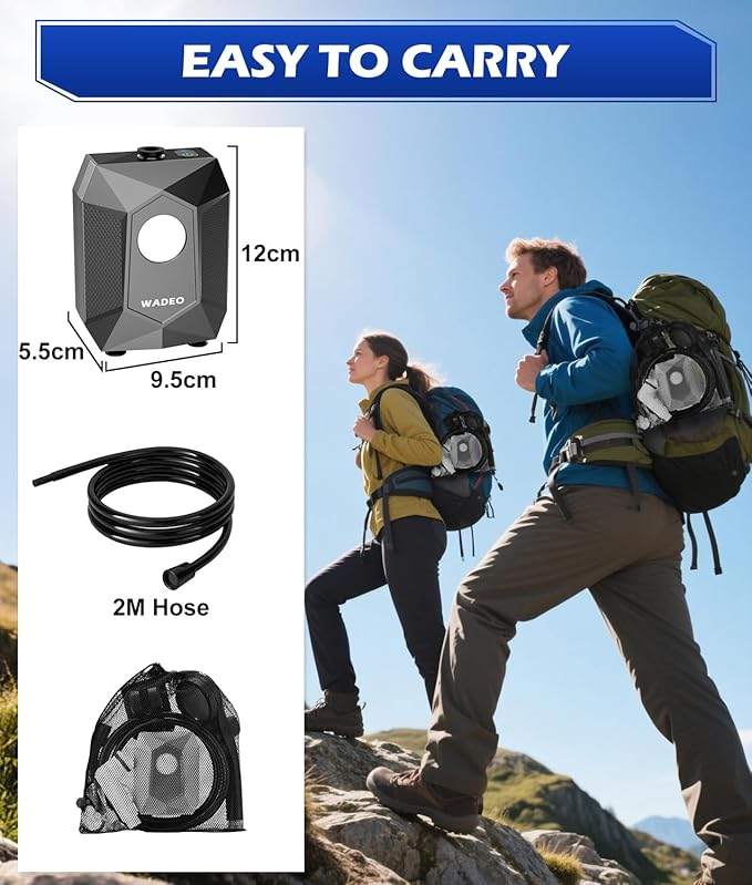 WADEO Portable Shower, 6000mAh Rechargeable Camping Shower Pump with Camping Light, 5 Spray Modes, Fahrenheit Display, IPX8 Waterproof, Ideal for Outdoor Camping, Travel, Car Washing, Pet Bathing
