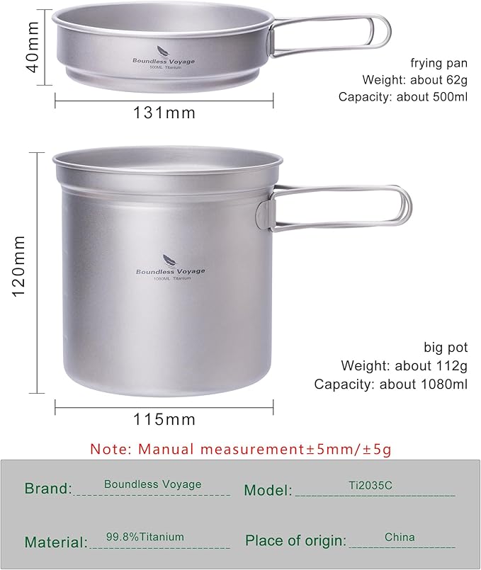 iBasingo Titanium Pot Pan Set with Folding Handle - Ultralight Portable Outdoor Cookware Mess Kit for Camping, Picnic, Travel & Backpacking (1080ml Soup Pot, 900ml Cup, 500ml Frying Pan)