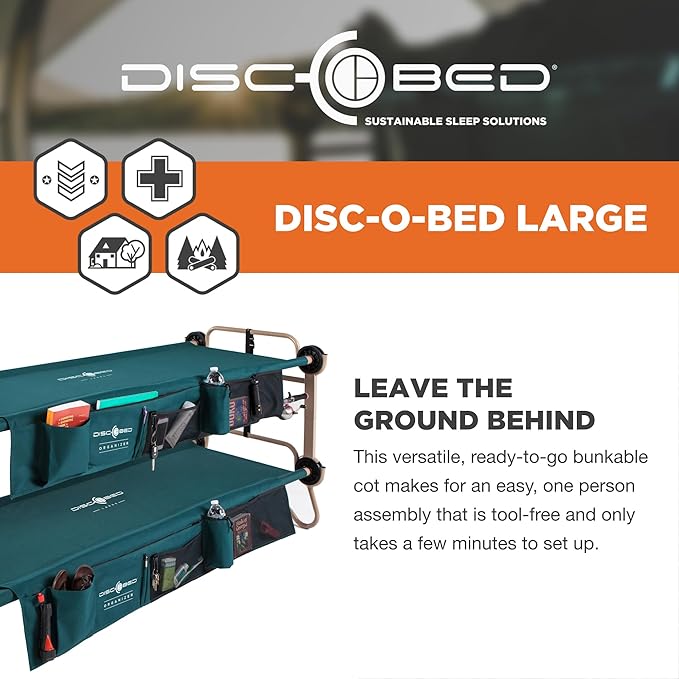 Disc-O-Bed Large Outdoor Convertible 2 Person Bench and Double Camping Cot Portable Bed Bunk System for Adults