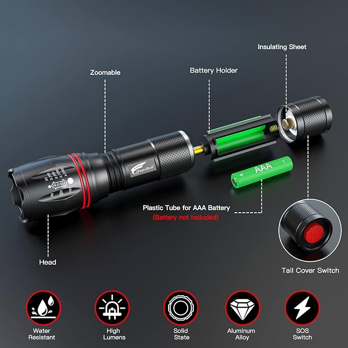 HAUSBELL A100 LED EDC Flashlights High Lumens,Bright, Zoomable, Waterproof, Powerful, Emergency Tactical LED Flashlights for Home and 5 Modes, Flashlight for Camping Gear、Hiking、Walking(2Pack)