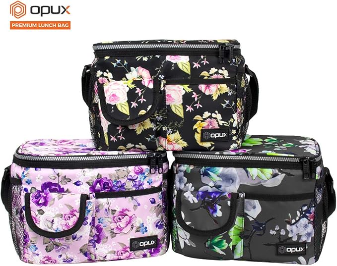 opux Insulated Lunch Bag for Men Women, Leakproof Floral Black Lunch Box for Work, Portable Soft Lunch Cooler Bag with Shoulder Strap, Adult Lunchbox Lunch Pail for Kid Boy Girl School, 14 Can/8L