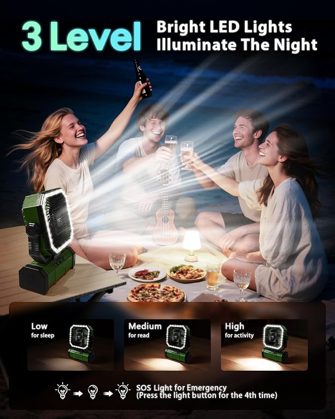 20000mAh Portable Camping Fan, Rechargeable Battery Operated Oscillating Tent Fan W/Bluetooth Speaker, Remote Control, 4 Speeds, LED lights & 360° Rotation Hook for Outdoor RV Travel, Green