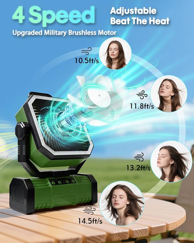 20000mAh Portable Camping Fan, Rechargeable Battery Operated Oscillating Tent Fan W/Bluetooth Speaker, Remote Control, 4 Speeds, LED lights & 360° Rotation Hook for Outdoor RV Travel, Green