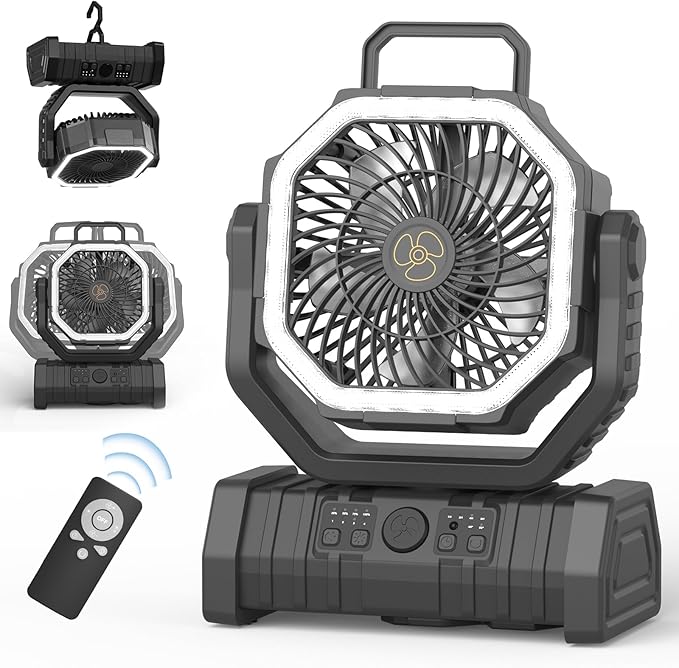20000mAh Portable Camping Fan with LED Light, Rechargeable Battery Powered Oscillating Fan with Remote & Hook,Timer, 65HRS Running, 4-Speed for Travel, Tent, Room, Car, Picnic, Fishing-Black
