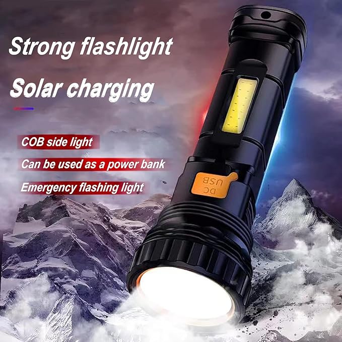 Solar/Rechargeable Multi Function 1000 Lumens LED Flashlight, with Emergency Strobe Light and 1200 Mah Battery, Emergency Power Supply and USB Charging Cable, Fast Charging (8PC)