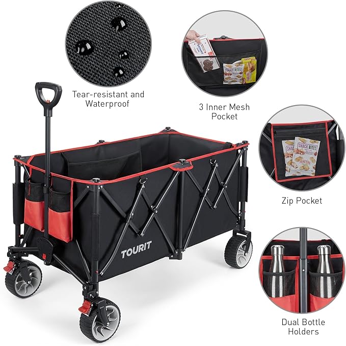 TOURIT 260L Collapsible Foldable Wagon with 330lbs Weight Capacity, Heavy Duty Folding Utility Garden Cart, Beach Wagon with Big Wheels & Drink Holders, Black