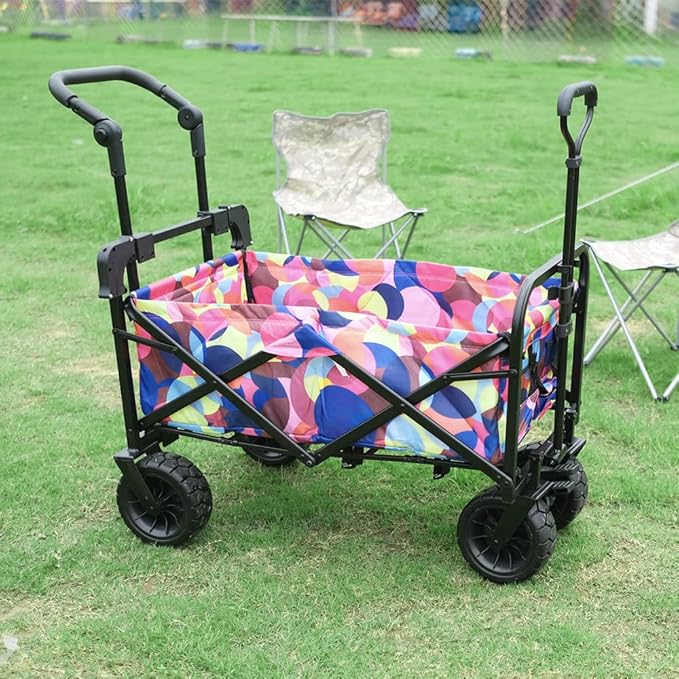 WHITSUNDAY Collapsible Folding Garden Outdoor Park Utility Wagon Picnic Camping Cart with Bearing and Brake 8" All Terrain Wheels with Push Bar (Bubble)