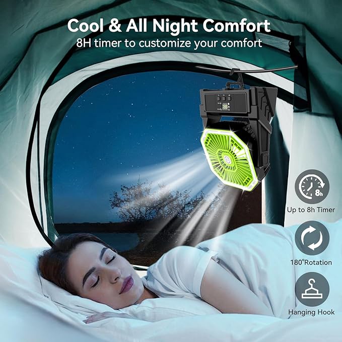 Portable Battery Powered Fan with 4 Lights, 20000mAh Battery Operated Fans with Remote, Outdoor Camping Fan Rechargeable, 4 Speed, 4 Timer for Picnic, Barbecue, Fishing, Home
