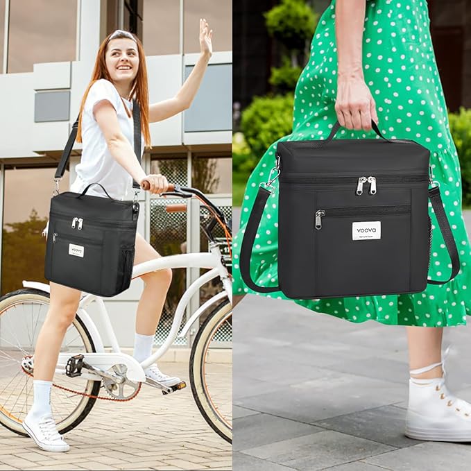 Voova Stackable Stainless Steel Thermal Lunch Box with Lunch Bag and Cultery Set for Adult Women Men, 3 Tier Leakproof All-in-One Insulated Bento Boxes Food Container for Work, Black