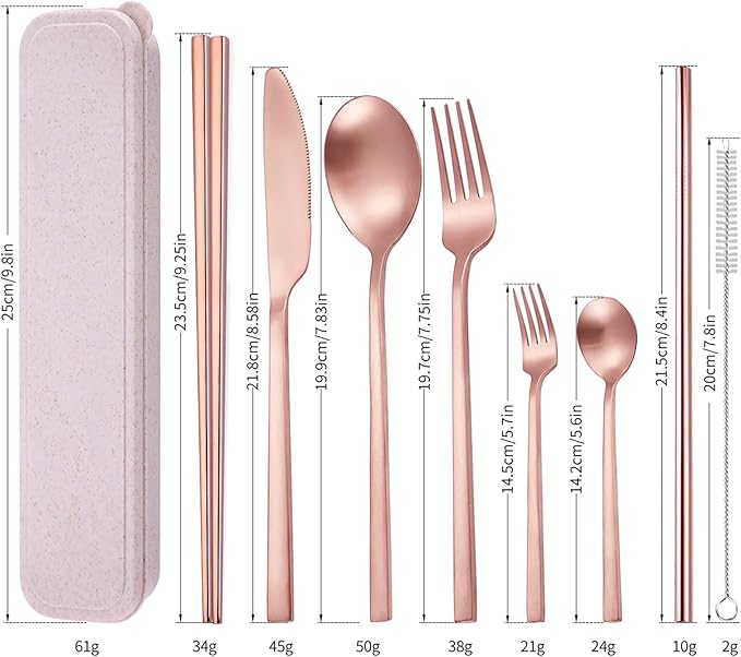 AARainbow 8 Pieces Stainless Steel Flatware Set Portable Reusable Cutlery Set Travel Utensils Set Including Chopsticks Knife Fork Spoon Straws Cleaning Brush Dishwasher Safe (B-Rose Golden)