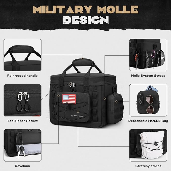Maelstrom Large Tactical Lunch Box for Men,Insulated Lunch Bag, Durable Leakproof Cooler Bags with Detachable MOLLE Bag,Modern Lunch Tote for Adult Women Work,Picnic,30 Cans/20 L, Black