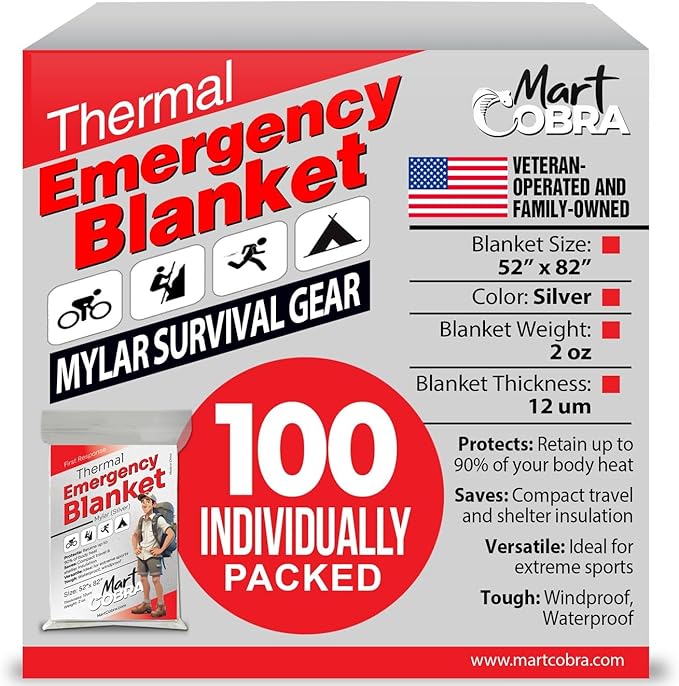 Mart Cobra Emergency Blanket 100-Pack | Reflective Thermal Blanket | Survival Gear | Lightweight Mylar Blankets | Retains 90% Body Heat | Essential for Camping, First Aid, Homeless Care Package Bulk