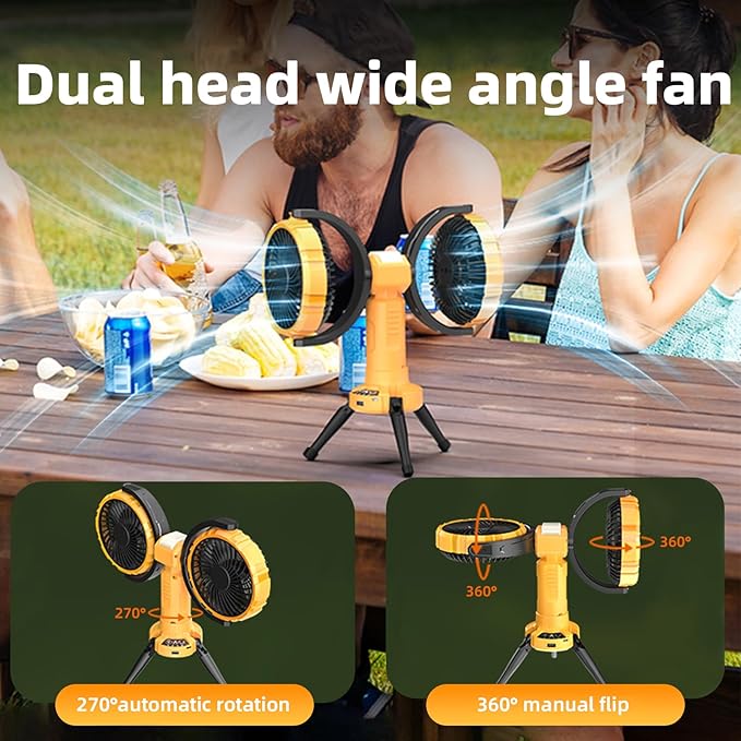 Solar Camping Fan Rechargeable,6000 mAh Battery Powered Automatic Oscillating Tent Fans with 4 Solar & LED Light Panals,Portable Camping Essentials for Canopy,Fishing,Travel,Outdoor,Yellow