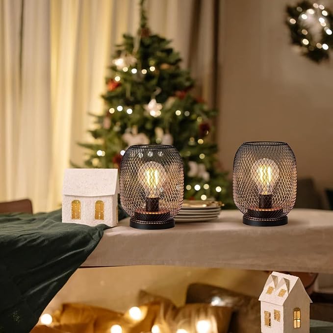 DECORKEY Set of 2 Battery Operated Lamp LED Table Lantern, Brown Metal Cage Cordless Lamps with LED Bulb,Vintage Decorative Outdoor Lantern for Weddings, Parties, Patio, Events for Indoors Shelf Decor