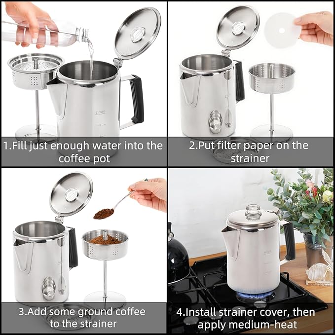 Camping Coffee Pot Stainless Steel, Coffee Pot Outdoors, Durable Stove Top Brew Coffee Maker on Fire, Ideal for Group Camping, Hiking, Backpacking, RV and Travel, 9 Cups