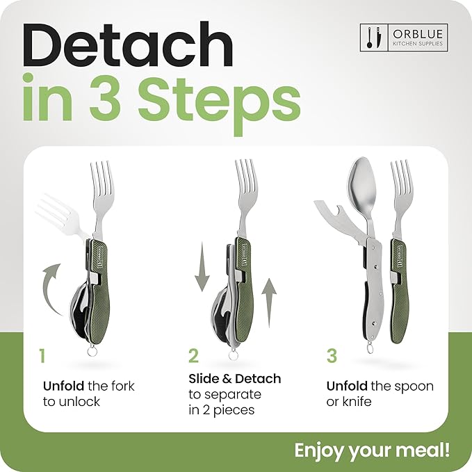 Orblue 4-in-1 Camping Utensils, 1-Pack, Portable Stainless Steel Spoon, Fork, Knife & Bottle Opener Combo Set - Travel, Backpacking Cutlery Multitool Olive Green