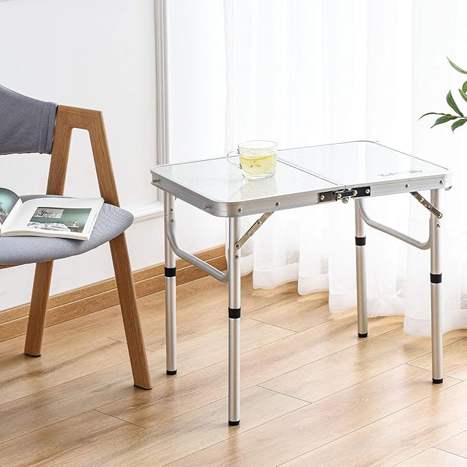 Folding Camp Table Small, 24''L x16''W with Adjustable Height Legs, Indoor Outdoor Lightweight Portable Aluminum Dining Table for Picnic Camping 2-Feet(2 Heights 10"/19")